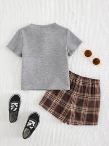 Cozy Pixies 2pcs/Set Baby Boy Knit Soft Number Graphic Crew Neck Short Sleeve Pullover Top & Plaid Elastic Waist Shorts Set - Multicolor - View 2