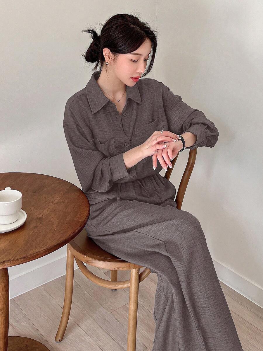 DAZY 女款素色單排扣長袖上衣與長褲休閒日常兩件套 - 棕色 - 查看 1