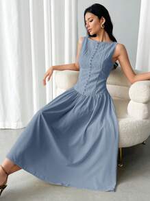 Modelyn Women's Summer Elegant Solid Color Textured Sleeveless Mid-Length Dress