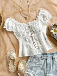 Soleia Plus Size Women Frill Trim Lace Up Casual Holiday Shirt, White, Suitable For Party, Night Out, Going Out, Back To School White Summer Top Milkmaid Top Off Shoulder Top Lace Up Top Tie Front Top - White - View 3