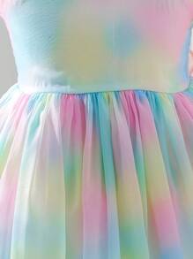 Elladie kids Girls Rainbow Gradient Cap Sleeve Elastic Waist Big Bow Back Decor Party Dress, Suitable For Party And Gathering Fall Winter - Pink - View 8