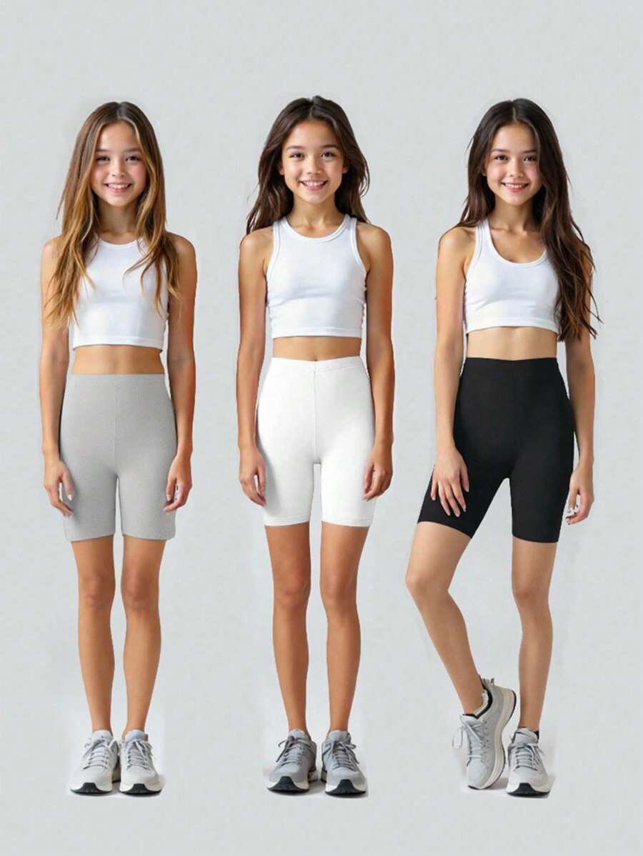 Sparklyn Bộ 3 quần legging dệt kim ngắn màu trơn thường ngày cho bé gái mới biết đi, mùa xuân/hè - Nhiều màu - Xem 1
