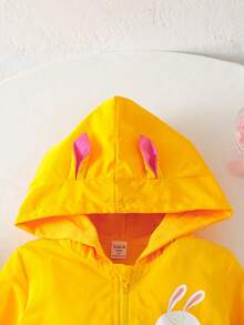 全新年轻女孩休闲可爱兔子印花时尚连帽风衣外套，春秋季 - 黃色 - 查看 3
