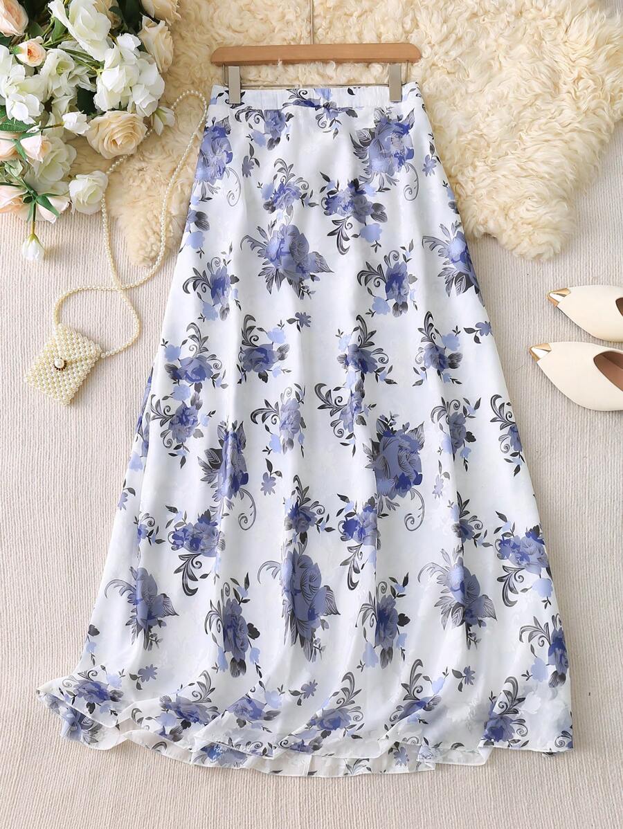 Modelyn Plus Size Women's Holiday Floral Print Elegant Elegant Gentle Age-Reducing Skirt - Multicolor - View 1