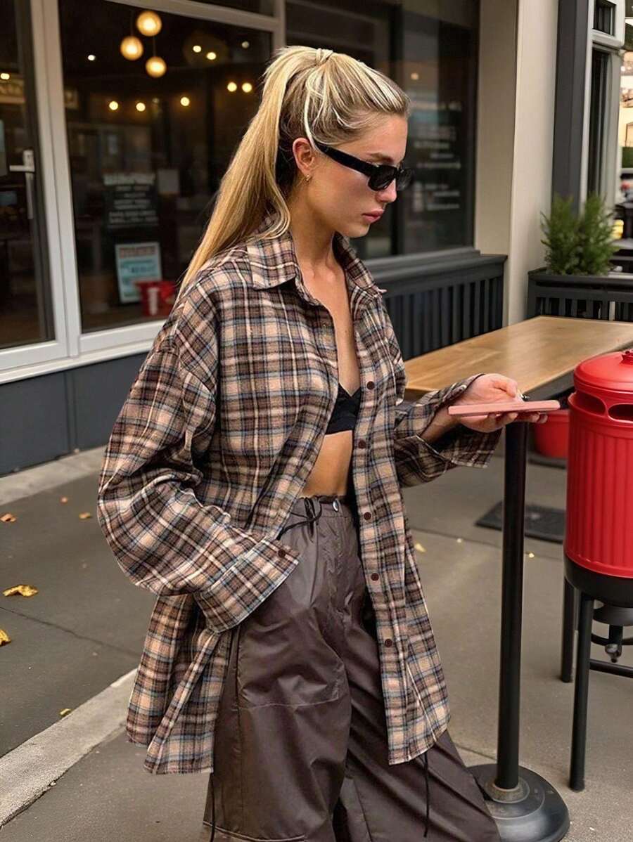 INAWLY 女士休闲格子长袖衬衫，春秋季，长袖上衣