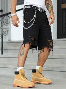 Manfinity EMRG 男士夏季休闲纯色破洞牛仔短裤 - 黑色 - 查看 7