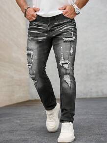 Manfinity LEGND 男士简约印花时尚牛仔裤 - 灰色 - 查看 6