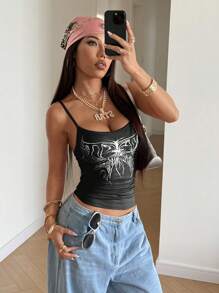 StreetHx Streetwear Y2K Casual Butterfly Print Camisole Tank Top For Women