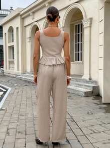 Siren Gaze Women 2 Pieces Set: Solid Color Ruffle Trim Buttoned Vest Top And Long Pants Suit Summer Casual - Apricot - View 2