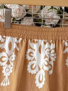 SHEIN LUNE Plus Size Women's Casual Vacation Style All-Over Printed Elastic Waist Side Pockets Loose Wide Leg Pants Beach Outfits For Woman Palazzo Summer Holiday Baggy Pants Women Plus Clothing Business Casual