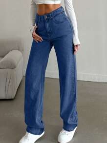 SHEIN Tall Snow Wash Straight Leg Jeans High Rise For Tall - Royal Blue - View 7