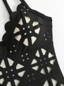 Swim Oasis 新款夏季女士黑色激光镂空露背性感连体泳衣裙套装，时尚泳池装 - 黑色 - 查看 7