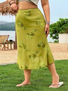 SHEIN EZwear 大码休闲花卉刺绣半身裙 - 米色 - 查看 4