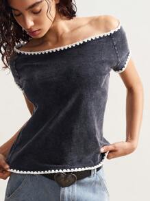 Bohemela Boho Summer Music Festival Ruffle Trim Contrast Color Casual Fitted Washed Solid Color Knit Boat Neck T-Shirt Off The Shoulder Top, Boho Style Vacation Outfits Off Shoulder Top Off The Shoulder Tee Crochet Trim Top Gray Off The Shoulder Top Square Neck Top - Black - View 4