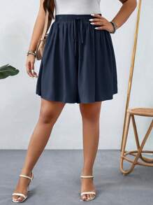 SHEIN LUNE 1pc Plus Size Solid Color Knotted Casual Loose Shorts For Women, Summer