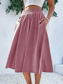 Breezaya 女士纯色松紧腰口袋休闲宽松半身裙 - 粉色 - 查看 5