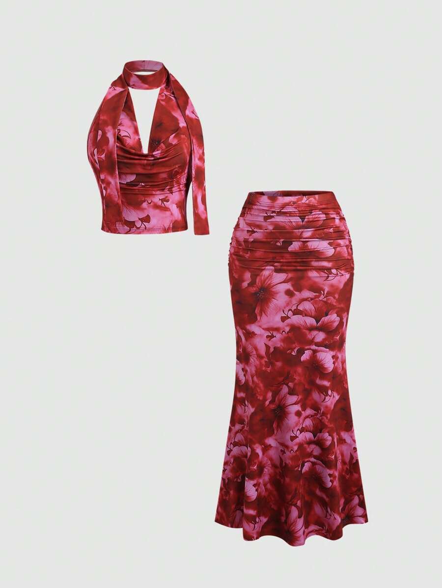 Sweetra Zufälliger Blume Muster 2 Stücke Set für Frauen, Neuankömmling