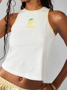 MISSGUIDED Y2K Summer Festival Racerback Tank Top Retro Sleeveless Crop Top With Fruit Logo Fashion Essential Urban Streetwear Basic Casual