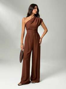 SHEIN Tall 2025春夏新款音乐节复活节圣帕特里克节西部风游牧风生日派对毕业季学院风学生装日常出游基础百搭休闲度假邮轮旅行沙滩海边日光浴网红爆款街头风优雅不对称设计纹理面料棕色单肩聚拢连体裤 - 棕色 - 查看 5