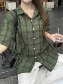 DAZY 女士翻领格子宽松短袖绿色街头风衬衫，法兰绒复活节 - 綠色 - 查看 5