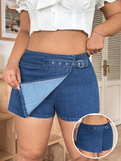 SHEIN MOD 夏季大码休闲修身裹身牛仔短裤，休闲度假拼接短裤，蓝色沙滩度假牛仔短裤