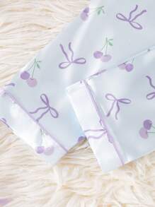 女孩加大蝴蝶结印花领开衫搭配休闲裤套装，舒适家居服 - 紫色 - 查看 8