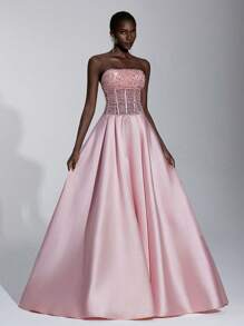 Elitara Váy maxi chữ A thắt nơ có thể điều chỉnh, dáng chữ A, xòe trễ lưng màu hồng lấp lánh, đính sequin hoa sen thanh lịch, thích hợp cho các buổi hẹn hò, kỳ nghỉ, sinh nhật, tiệc tùng, đám cưới, lễ tốt nghiệp, những dịp trang trọng - Bụi hồng - Xem 7