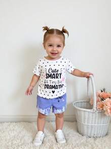 SHEIN Playful Pals 2 件套女婴休闲可爱字母和波尔卡圆点图案圆领短袖上衣和牛仔短裤套装，夏季 - 彩色 - 查看 3