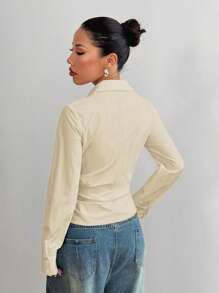 Flirla Damen Lässig vielseitige Kreuzüberschlag Krawattenhalskragen geschnürte Taille Langarm Bluse