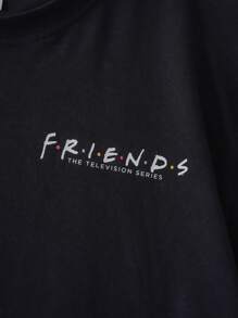 Heymoonly FRIENDS X SHEIN Men's Casual Key Print Loose Drop Shoulder Short Sleeve Black T-Shirt, Summer Friends Tv Show T-Shirt Friends Tshirt How You Doin T-Shirt Oversized Graphic Tee Graphic Tees Men - Black - View 6