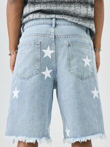 Manfinity EMRG Pantalones cortos de mezclilla con efecto lavado y desgastado con estampado de estrellas para hombres - Lavado ligero - Ver 7