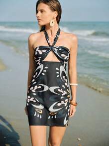 Maija Robe moulante mini à col ras-du-cou dos nu imprimée bleu et noir, taille fine, d'été, convenant pour les vacances, les festivals, la plage, amincissante - Multicolore - Voir 4