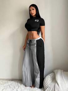 SHEIN SXY 2 件套休闲性感黑色短袖 T 恤和黑灰色高腰阔腿裤，适合度假、约会、街头穿着、家居穿着、春夏季 - 彩色 - 查看 1