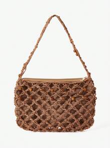 MUSERA Crochet Beaded Woven Caged Shoulder Bag Beach Bag - Brown - View 2