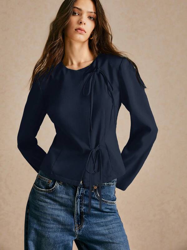 Poéselle Women's Lace-Up Blazer Desk Attire Solid Color Front Tie Long Sleeve Casual Regular Jacket