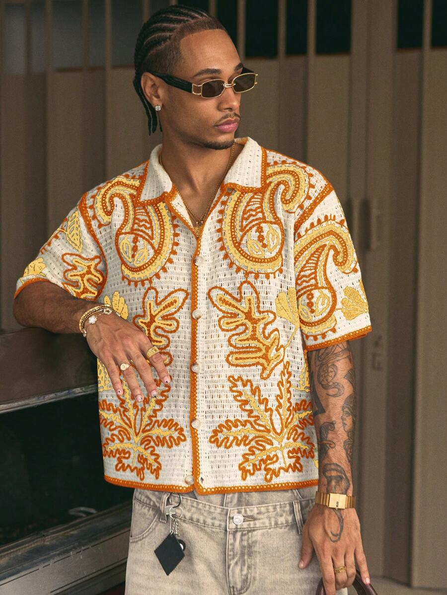 AXEPEAK Áo len tay ngắn dáng rộng có cổ và họa tiết hoa hạt điều dành cho nam - Nhiều màu - Xem 1