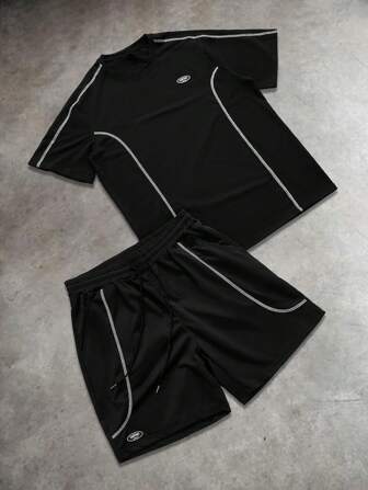 Manfinity EMRG 男士字母印花圆领短袖休闲T恤和抽绳腰短裤套装