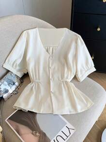 SHEIN LUNE Women's Solid Colored Waist Cinched Short Sleeve Casual Shirt, Summer - White - View 1