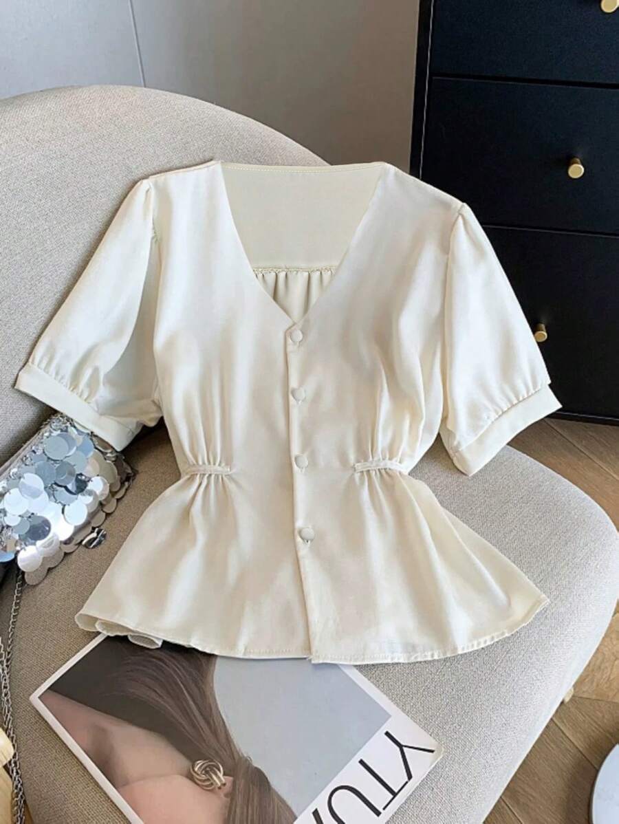 SHEIN LUNE Women's Solid Colored Waist Cinched Short Sleeve Casual Shirt, Summer - White - View 1
