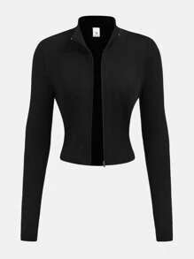 SHEIN Girlism 青少年女孩休闲弹力半拉链 V 领紧身长袖 T 恤，秋冬基本款外套、夹克