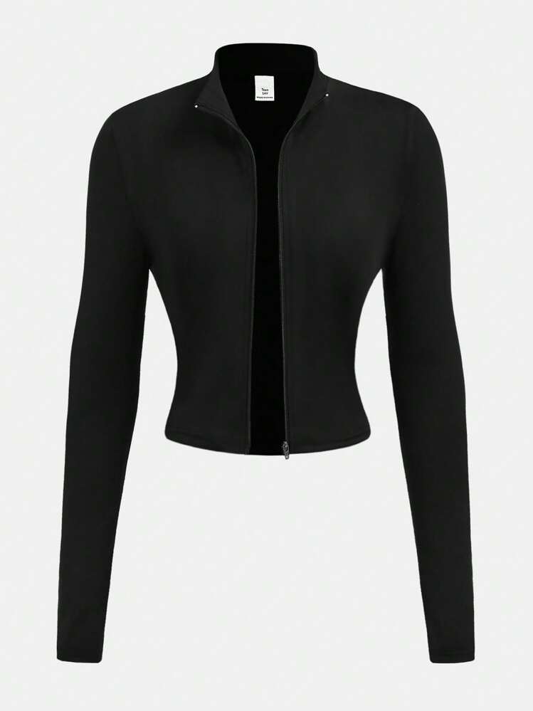 SHEIN Girlism Casual elastische T-shirt met V-hals en halve rits voor tienermeisjes, nauwsluitende pasvorm, lange mouwen, basic essential herfst/winterkleding, jassen - Zwart - Bekijken 5