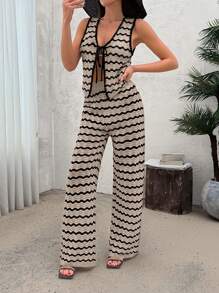 EURMUSE Set da donna composto da coprispalle a righe ondulate da spiaggia e pantaloni a zampa larga, 2 pezzi, stile vacanziero - Beige - Visualizzare 5