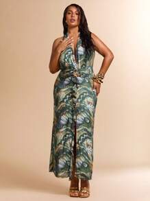 SHEIN BAE Plus Size Women's Summer Vacation Beach Holiday Butterfly Print Metallic Ruffles Decorated Low Cut Sexy Slit Maxi Halter Dresses - Green - View 5