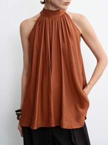 Aalyst Women's New Summer Woven Solid Tie-Neck Pleat Trim Sleeveless Shirt Blouse