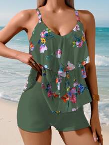 Swim Lushoire 2件組女款海灘穿搭，彩色分層花卉印花細肩帶背心 & 荷葉邊比基尼泳褲，適合夏季海灘度假泳裝 - 彩色 - 查看 3