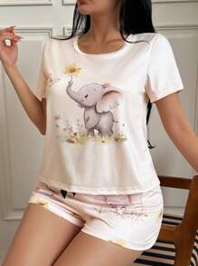 Bộ đồ ngủ 2 món áo tay ngắn in hình chú voi dễ thương và quần short - Nhiều màu - Xem 4
