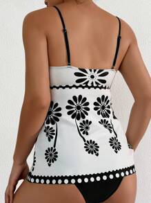 Swim Lushoire Women Floral Printed Strappy Bikini 2 Piece Set, Positioning Print Bustier Crop Top And Solid Color Triangle Bottoms, Elegant Swimwear Suit For Spring/Summer Beach Party - Black and White - View 2
