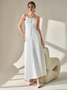 CLARA VERO Conjunto de 2 piezas de mujer de un solo color tejido con top con tirantes y botones por delante y una falda larga de línea A para primavera/verano, elegante para salir, vacaciones y ocasiones especiales