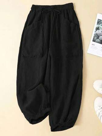 SHEIN CURVE+ CURVE+ Plus Size Dam Enfärgade Minimalistiska Casual Dragskobyxor