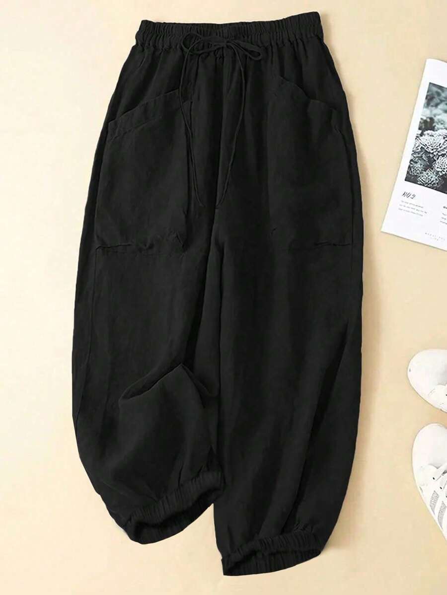 SHEIN CURVE+ CURVE+ 加大码女款纯色简约休闲抽绳裤 - 黑色 - 查看 1